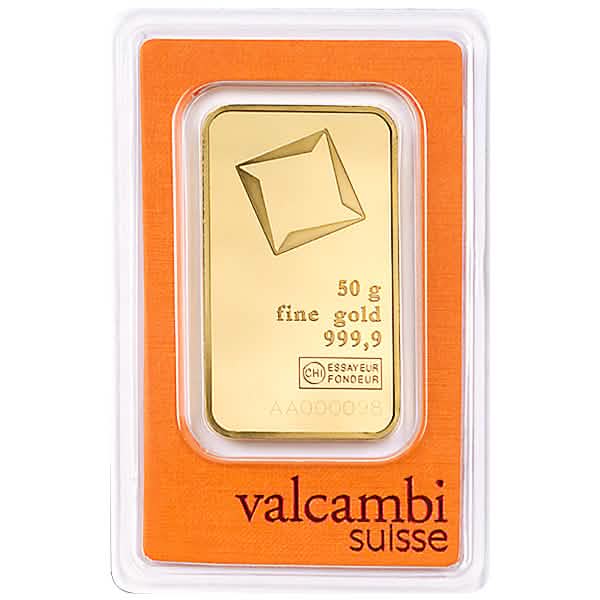 50 gram Valcambi Suisse gold bar in sealed orange assay packaging, .9999 fine gold with official stamp and serial number, perfect for secure investment