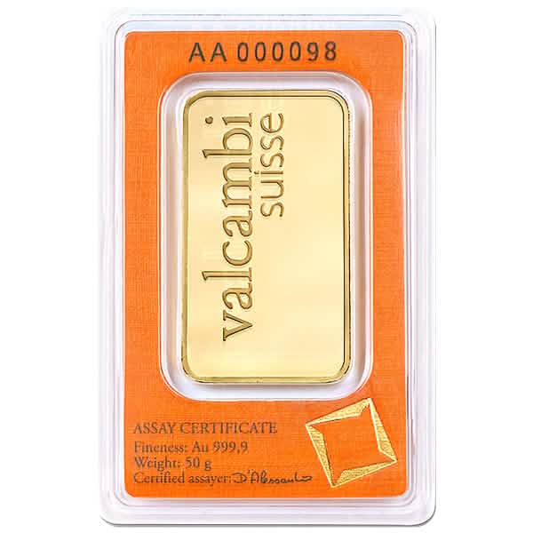 50 gram Valcambi Suisse gold bar in orange assay card, .9999 fine gold with unique serial number and certified assayer, ideal for secure investment.