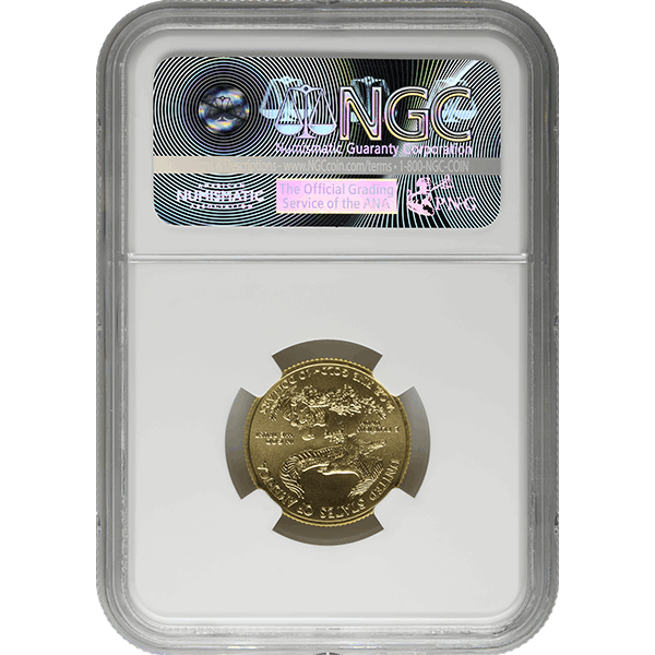 reverse of american gold eagle coin showing eagle with branch encapsulated in ngc holder with holographic certification label
