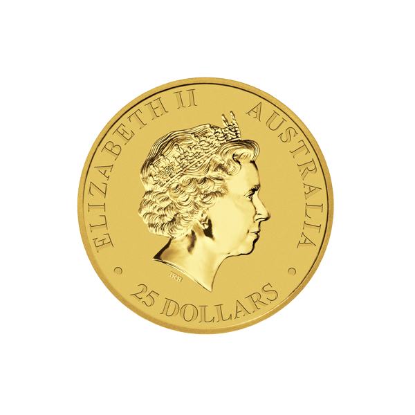 australian gold coin featuring profile of queen elizabeth ii with inscriptions elizabeth ii australia and face value 25 dollars