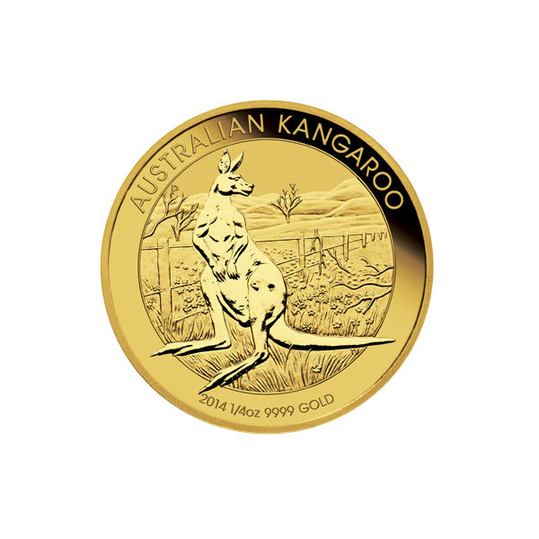 2014 Australian 1/4 oz gold coin featuring kangaroo design with outback scenery, .9999 fine gold purity, and elegant detailed engraving.