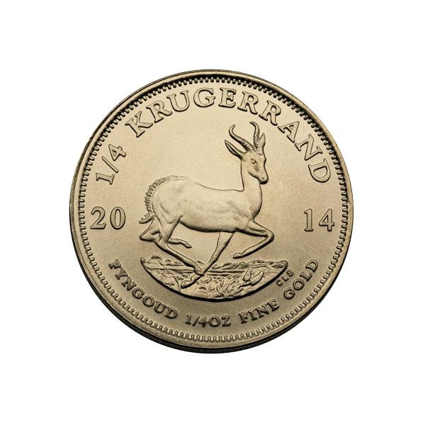 2014 South African 1/4 oz gold Krugerrand coin featuring springbok antelope design with fine gold detail and face value markings