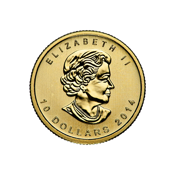 2014 Canadian 1/4 oz gold coin featuring Queen Elizabeth II portrait, 10 Dollars denomination, and .9999 fine gold detail