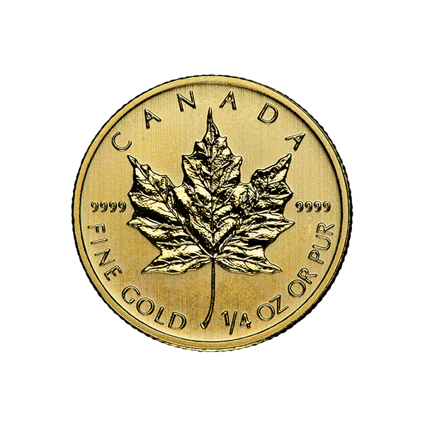 Canadian 1/4 oz gold Maple Leaf coin with detailed maple leaf design, .9999 fine gold purity, and inscriptions in English and French