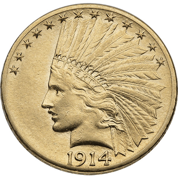 1914 Indian Head gold coin featuring Lady Liberty in a Native American headdress, surrounded by stars, collectible U.S. vintage gold currency.