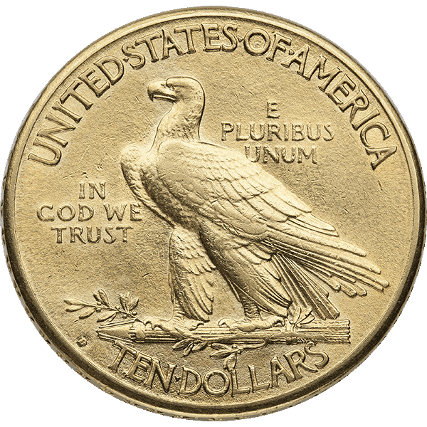 1914 Indian Head $10 gold coin featuring a perched bald eagle with inscriptions ‘In God We Trust’ and ‘E Pluribus Unum,’ U.S. vintage currency