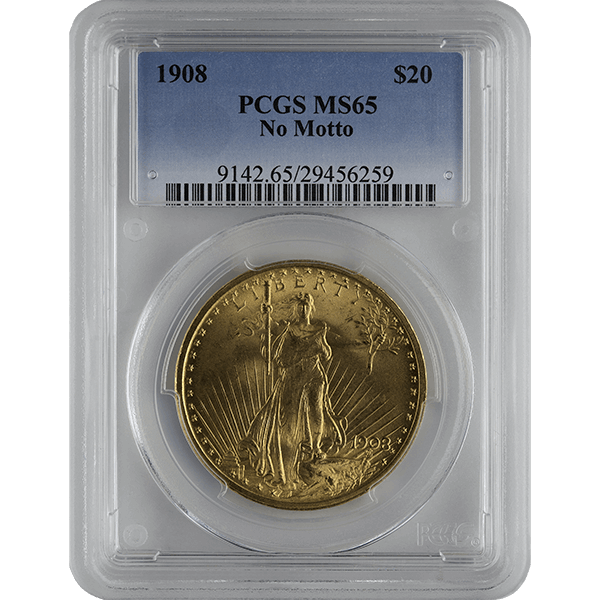 $20 U.S. GOLD SAINT PCGS65 NO MOTTO - Obverse