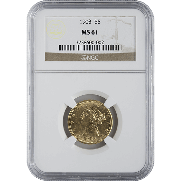 $5 U.S. GOLD LIBERTY NGC MS61 - Obverse