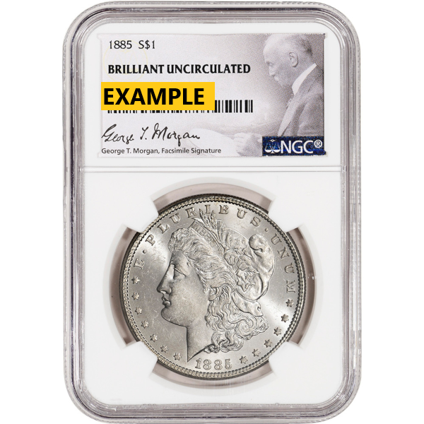 1885 MORGAN SILVER DOLLAR NGC BU G.T. MORGAN LABEL - Obverse