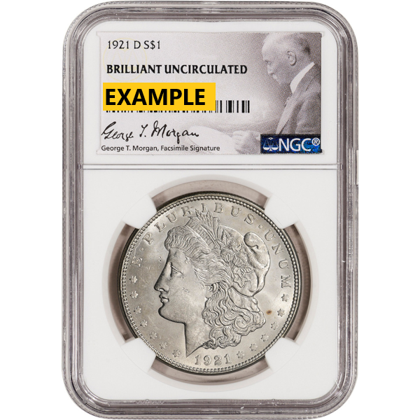 1921-D MORGAN SILVER DOLLAR NGC BU G.T. MORGAN LABEL - Obverse