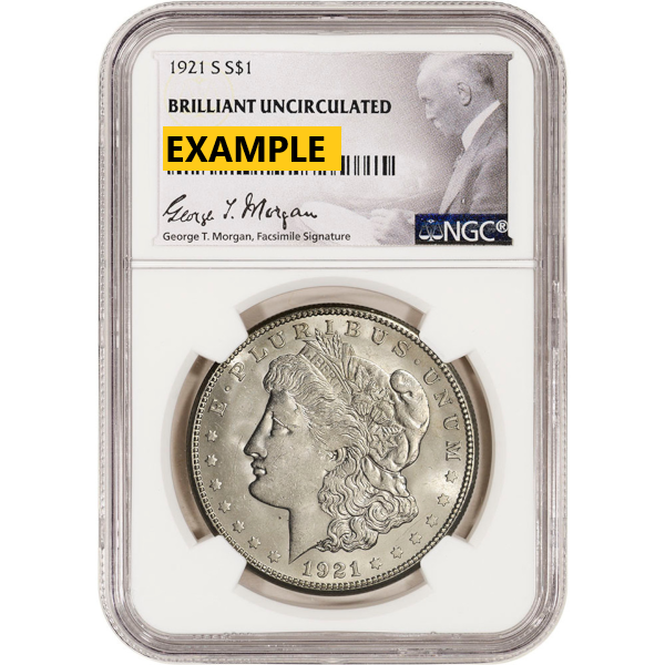 1921-S MORGAN SILVER DOLLAR NGC BU G.T. MORGAN LABEL - Obverse