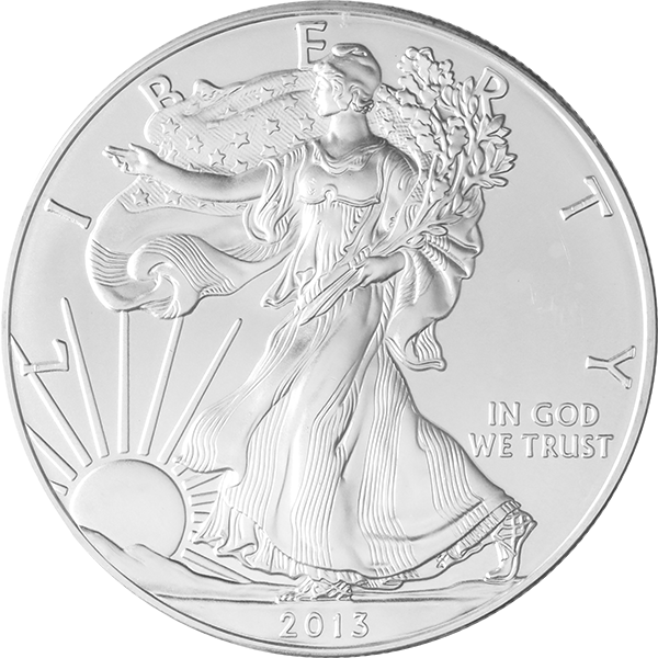 2013 American Silver Eagle coin in .999 fine silver featuring Walking Liberty design with rising sun and ‘In God We Trust’ inscription, U.S. bullion.