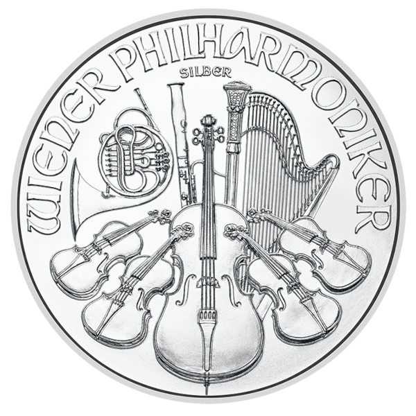 Silver Austrian Vienna Philharmonic coin featuring orchestral instruments including cello, violins, harp, bassoon, and French horn