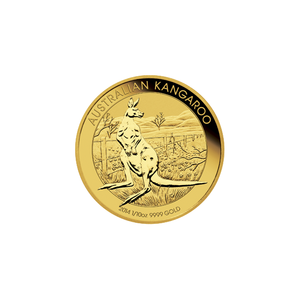 2014 Australian Kangaroo 1/10 oz gold coin, 99.99% pure, featuring kangaroo design with outback scenery, collectible bullion from Perth Mint.
