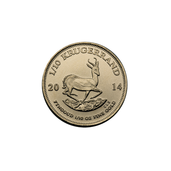 2014 South African Krugerrand 1/10 oz gold coin reverse, featuring springbok antelope design with year date and fine gold purity inscription