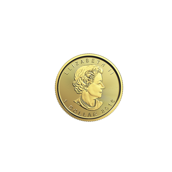 1/20 oz Canadian Gold Maple Leaf coin featuring Queen Elizabeth II, 2019, guaranteed by the Royal Canadian Mint.