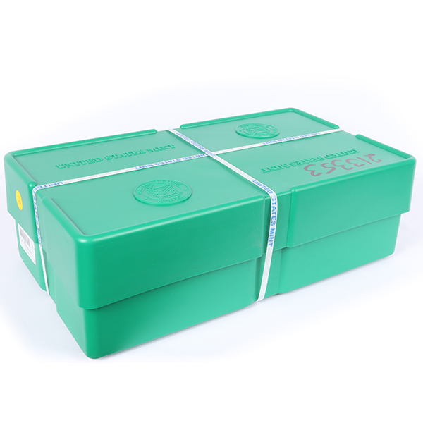 Sealed green U.S. Mint monster box containing silver rounds, secured with white straps and marked with a red serial number.
